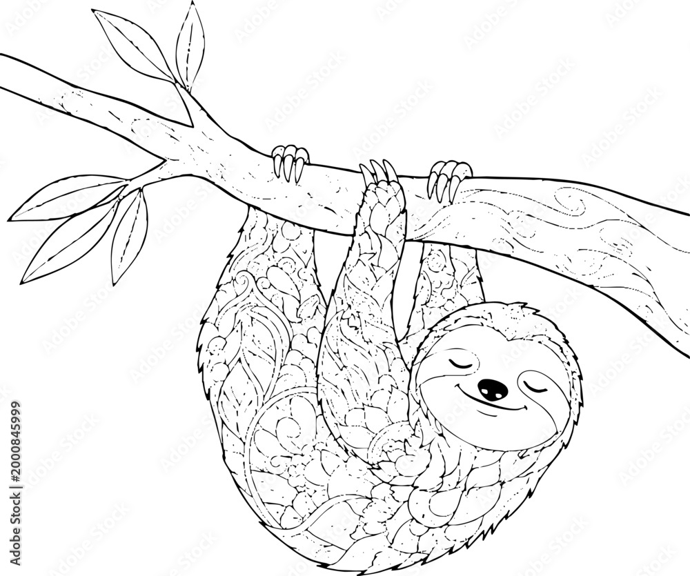 Naklejka premium Mandala Sloth Coloring Page Illustration Hanging on Tree Branch