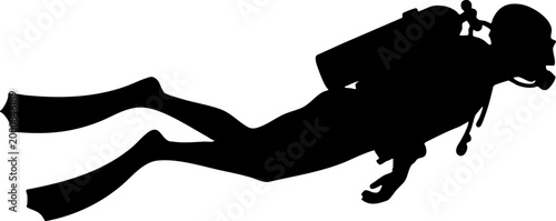 Black silhouette of a scuba diver swimming on white background