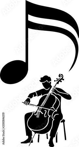 Black silhouette of a cellist playing with a musical note icon
