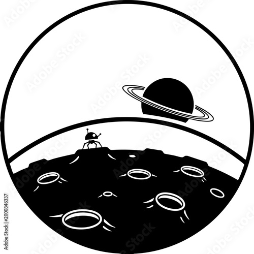 Minimalist black and white lunar landing illustration in a circle