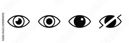 Eye visibility and privacy icon vector set featuring visible and hidden eye symbols in flat monochrome style for security and UI design