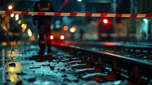 Police tape blocks railway at night with blurred figure. AI-generated.
