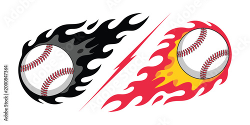 Dynamic baseball vector illustration set with fire effects showing two balls in black and orange flames symbolizing energy and competition