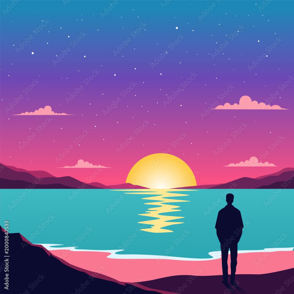 Fototapeta premium Simple Illustration of a Man Standing Looking at the Sunset