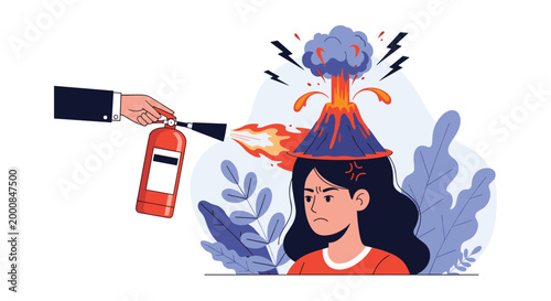 Stressed woman feels like a volcano is erupting on her head while a hand uses an extinguisher to calm her down.