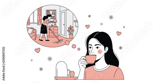 Young woman enjoys a warm cup of coffee while daydreaming about her daily household chores like mopping the floor.