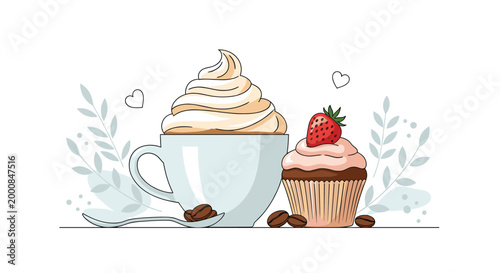 Delicious cup of coffee with whipped cream sits next to a sweet chocolate cupcake topped with a fresh strawberry.