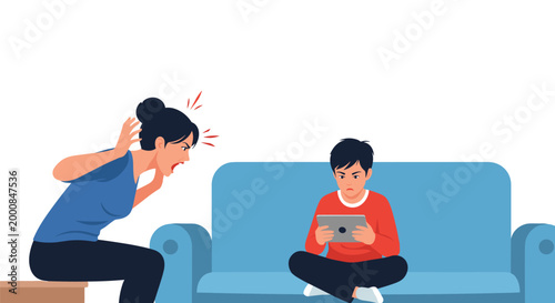 Frustrated mother shouts at her young son who is completely ignoring her while playing games on his digital tablet.