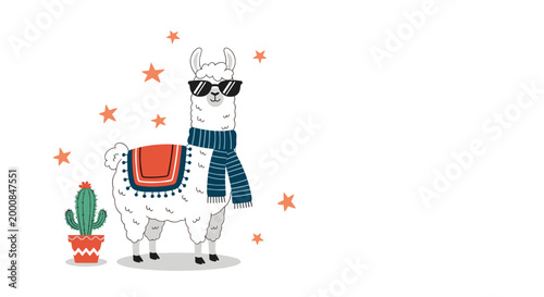 Stylish llama wearing dark sunglasses and a striped blue scarf stands next to a potted cactus under a starry sky.