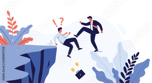 Businessman in a suit kicks his colleague off a high cliff in a symbolic representation of corporate betrayal.