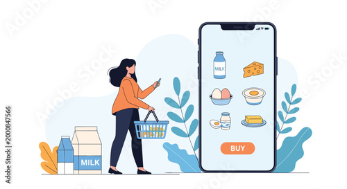 Woman shops for fresh dairy products like milk eggs and cheese using a modern grocery delivery app on her phone.