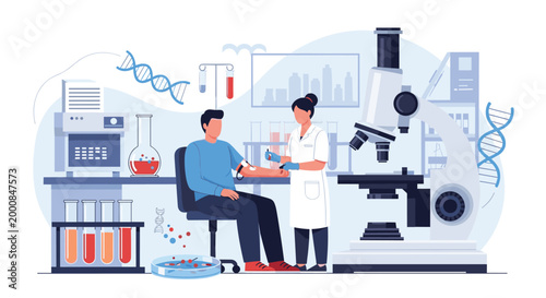 Patient gets a blood sample taken by a female lab technician in a modern medical facility with a large microscope.