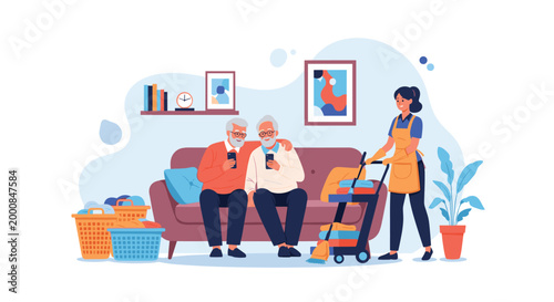 Housekeeper cleans a living room with a service cart while two senior men relax on a brown sofa with their phones.