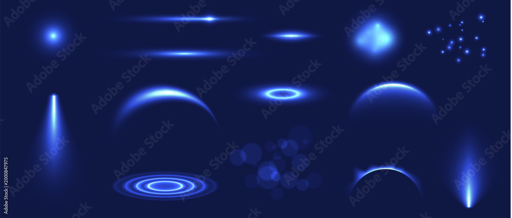 Fototapeta premium Glow isolated blue background light effect set, transparent lens flare, explosion, glitter, line, sun, sparks star. Abstract special effect element design. Shine ray with lightning, sparkling round