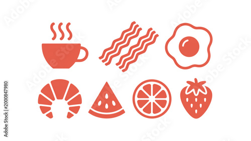 Flat design icons of breakfast food items in red color style Vector