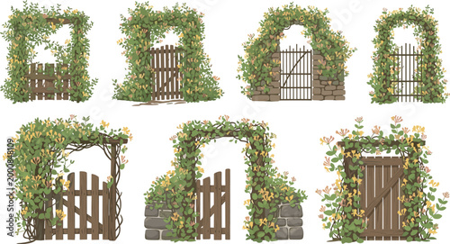 Garden Gate and Arch Vector Set with Climbing Honeysuckle Vines Stone Wooden Fence Designs