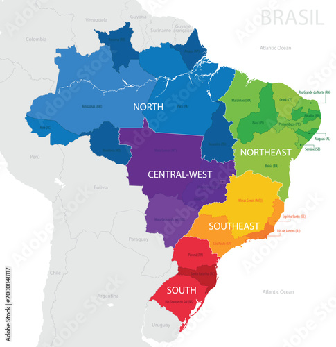 Detailed map of Brazil with administrative divisions into states and regions