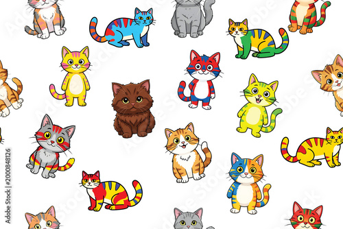 Cute pattern of colorful, clumsy cats illustration
