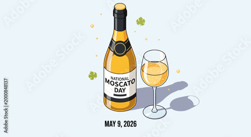 National Moscato Day vector illustration with champagne bottle and glass
