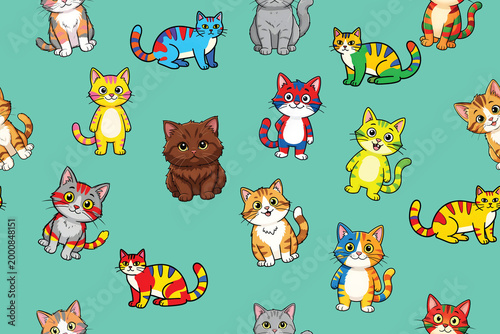 Cute pattern of colorful, clumsy cats illustration