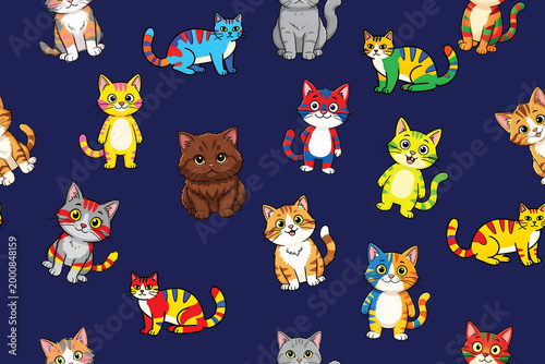 Cute pattern of colorful, clumsy cats illustration
