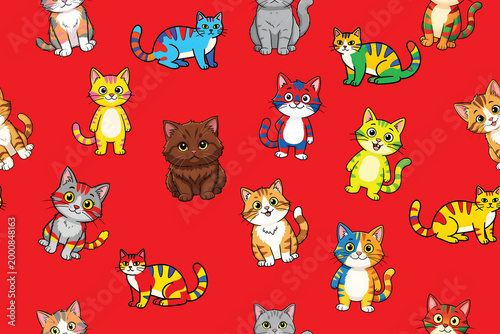 Cute pattern of colorful, clumsy cats illustration