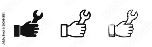 Hand Holding Wrench Tool Icon Set - Repair and Maintenance Symbols