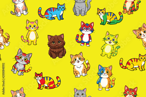 Cute pattern of colorful, clumsy cats illustration