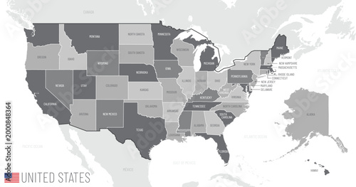 Detailed map of the United States of America with states and borders of other North American countries, vector illustration