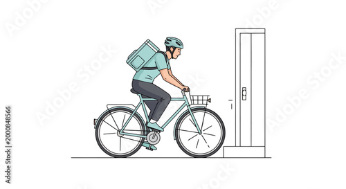 Active person riding a bicycle with a large teal delivery backpack towards an elevator door to transport goods and parcels within an urban delivery service environment