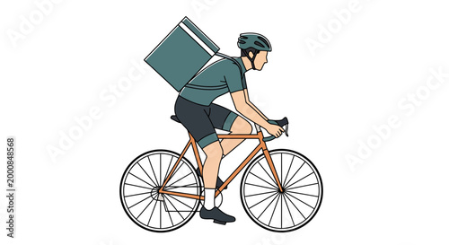 A male courier wearing a helmet rides a bicycle on the road carrying a large insulated bag on his back symbolizing quick urban delivery services and efficient transportation for food or packages