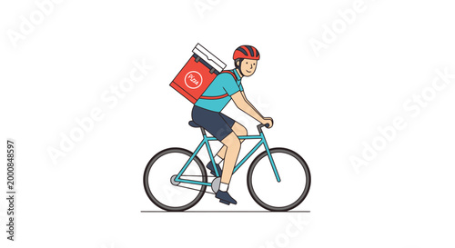 Male person on bicycle with delivery pack on his back transporting goods through the city environment for express service at daytime a person engaged in speedy courier work providing quick