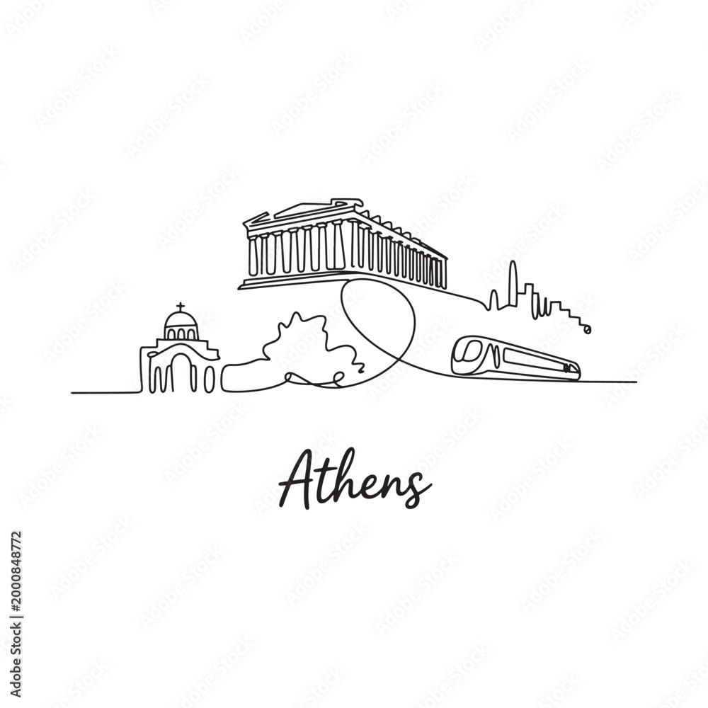 Fototapeta premium Athens Skyline One Line Drawing with Landmarks and Text