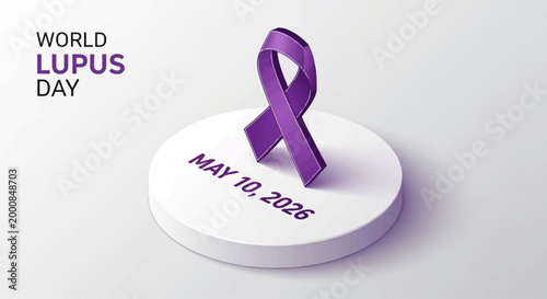 World Lupus Day awareness ribbon on pedestal with date, flat isometric vector illustration