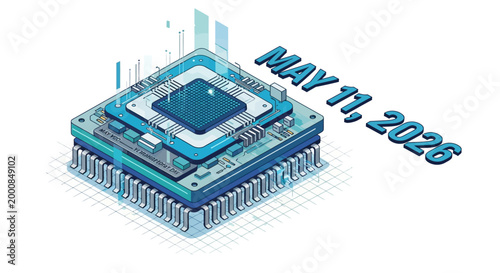 Isometric vector illustration of a computer microchip processor, technology and data, blue and teal color scheme, clean background