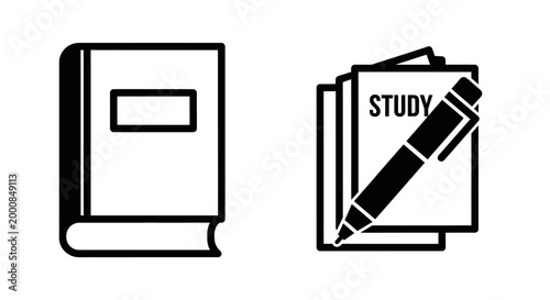 Simple set of study icons featuring book and notepad with pen for academic or professional planning purposes.