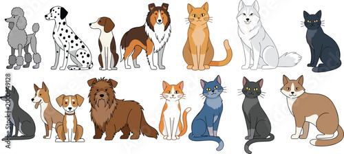 Cute Cartoon Dog and Cat Breed Collection with Poodle, Dalmatian, Collie, Husky, and Various Cats for Pet and Animal Themed Designs