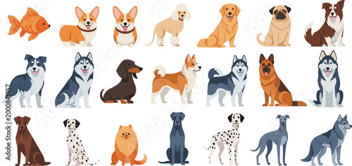 Cute Flat Style Dog Breed Character Set with Corgi, Husky, Labrador, Dalmatian, Pug, and German Shepherd for Pet Themed Designs
