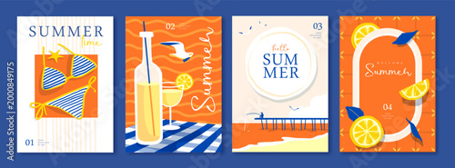 Set of summer Italian posters or covers with cocktail, bikini, seagulls, lemons,  fisherman and beach landscape. Vector illustration