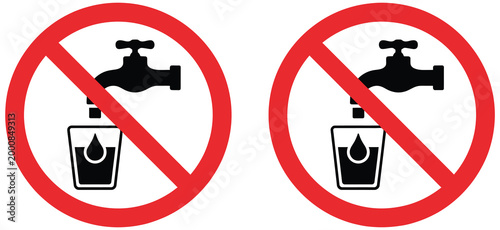 No drinking water prohibition icon set, black and red non-potable water restriction symbols, do not drink liquid warning icons, unsafe water hazard sign collection, safety caution and hygiene vector i