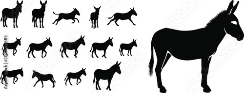 Donkey silhouettes set featuring multiple poses including walking, standing, and running farm animals isolated on white background for agriculture design