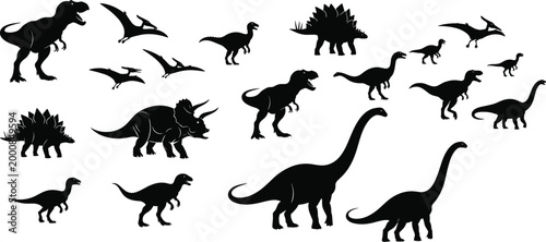 Dinosaur silhouette collection featuring various prehistoric species including tyrannosaurus triceratops and brachiosaurus isolated on white background for education illustration set