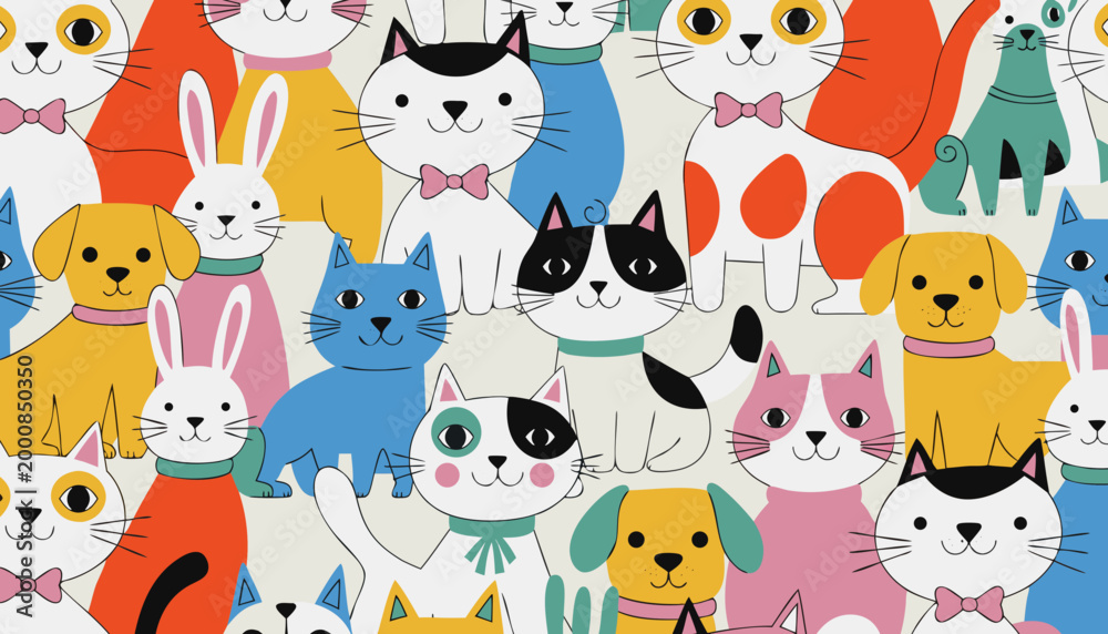 Obraz premium Hand drawn flat vector illustration of funny pets and domestic animals