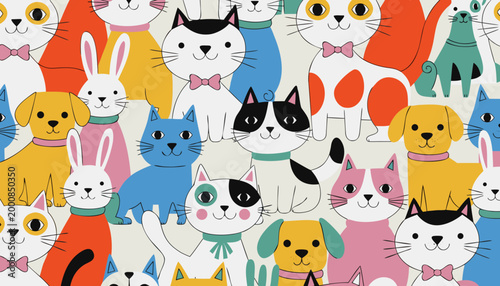 Hand drawn flat vector illustration of funny pets and domestic animals