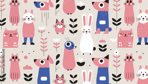 Seamless pattern with cute colorful cats, dogs, and rabbits