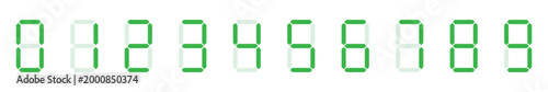 Green digital seven segment display numbers zero through nine for electronic counters and technology designs