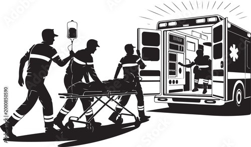 Paramedics transporting patient on stretcher to ambulance