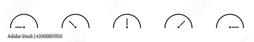 Minimalist black line vector icons illustrating various gauge and meter indicator levels including low medium high and alert states for digital design elements