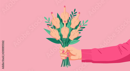 Floral bouquet, hand holding flowers, pink background, vector illustration, gift giving