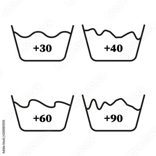 Laundry wash temperature instruction symbols vector. Icons represent standard degree heat for textile care and garment cleaning.